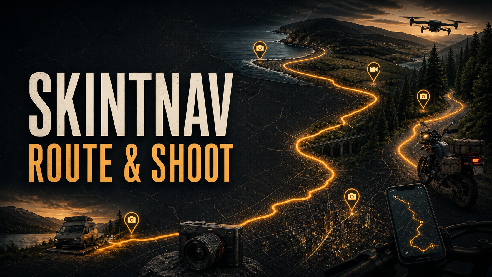 SkintNav Route & Shoot artwork showing creator routes, filming locations, a motorcycle, campervan, drone and camera